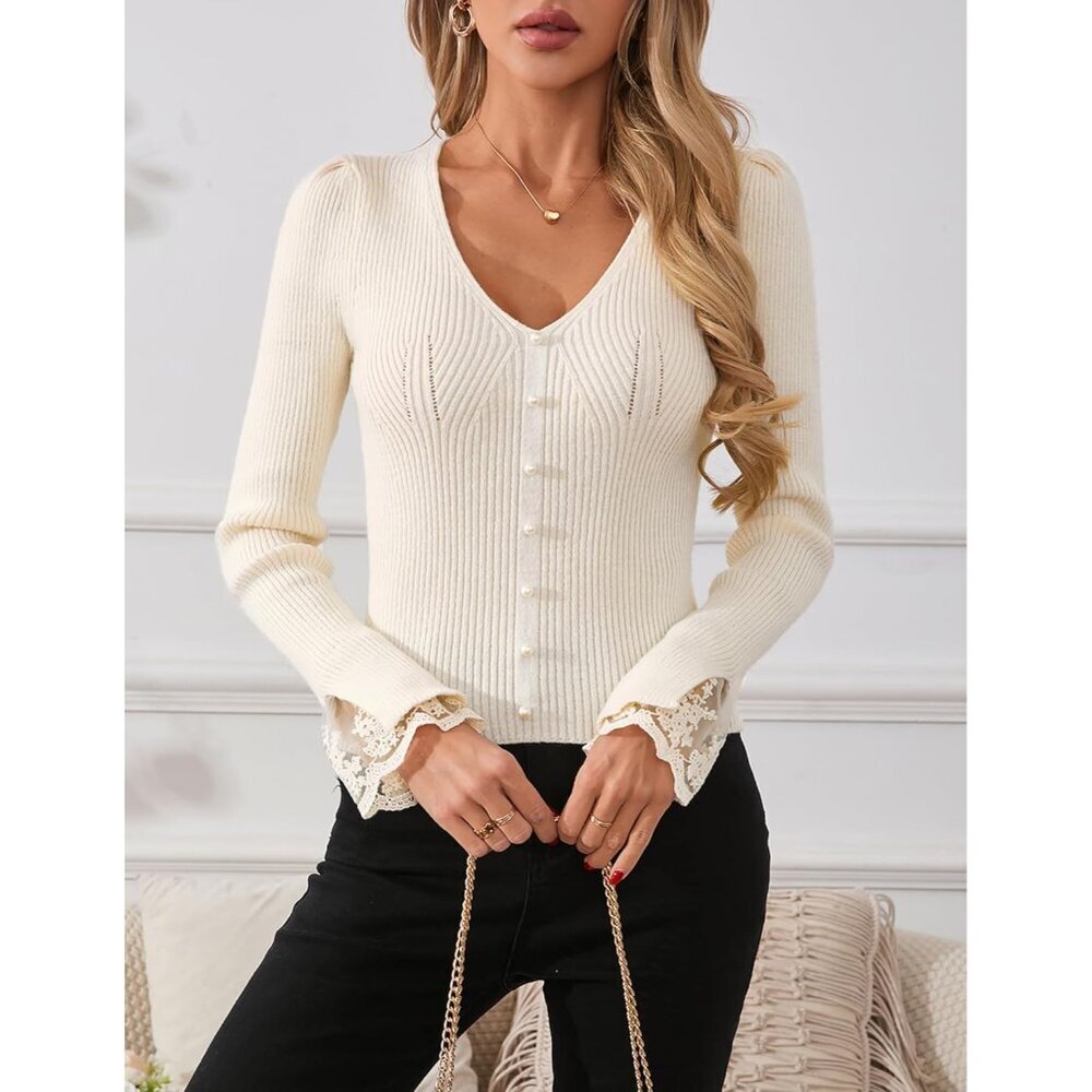 Women's Ribbed Knit V-Neck Sweater Large Fall Casual Dressy Outfits - Picture 4 of 7